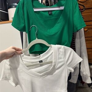 Green and White cropped Ribbed Tops